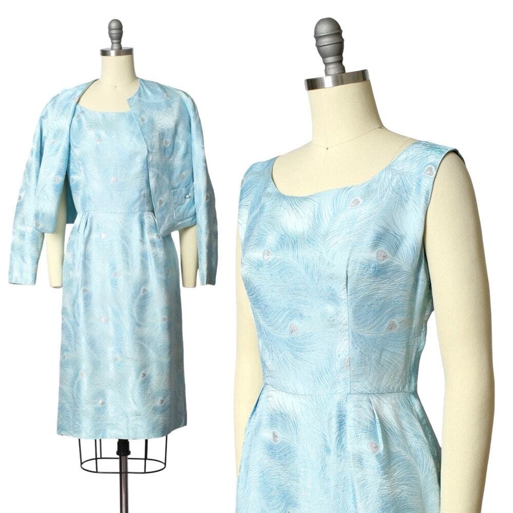 Vintage 1960s Dress Set 60s Peacock Feather Metallic Novelty Cocktail Party